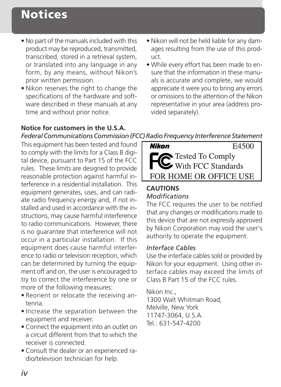 Notices | Nikon 4500 User Manual | Page 6 / 178