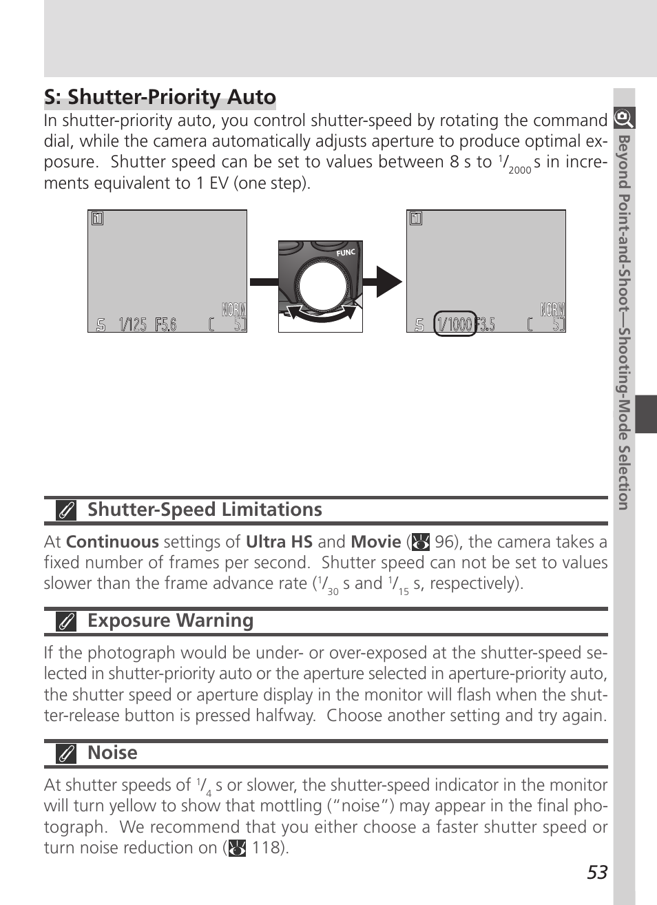 S: shutter-priority auto, Shutter-speed limitations, Exposure warning | Noise | Nikon 4500 User Manual | Page 63 / 178