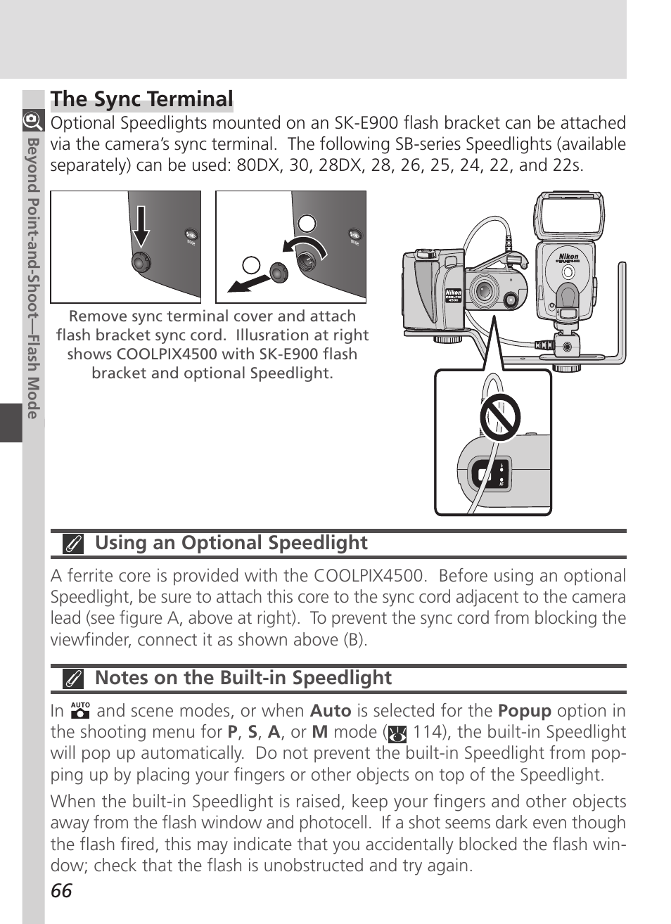 The sync terminal, Using an optional speedlight | Nikon 4500 User Manual | Page 76 / 178