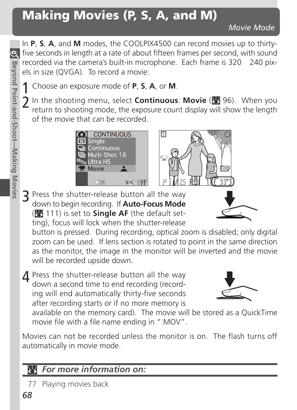 Making movies (p, s, a, and m) | Nikon 4500 User Manual | Page 78 / 178