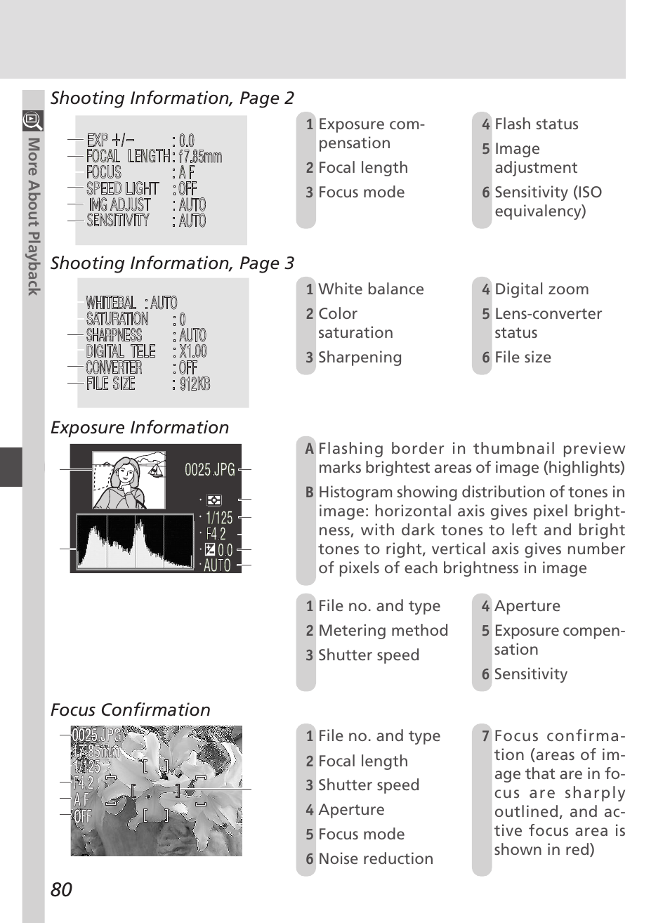 Shooting information, page 2, Shooting information, page 3, Exposure information | Focus confirmation | Nikon 4500 User Manual | Page 90 / 178