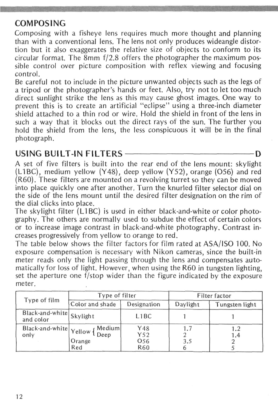 Composing, Using built-in filters, Using built-in filters d | Nikon Fisheye-NIKKOR 8mm f-2.8 User Manual | Page 12 / 36