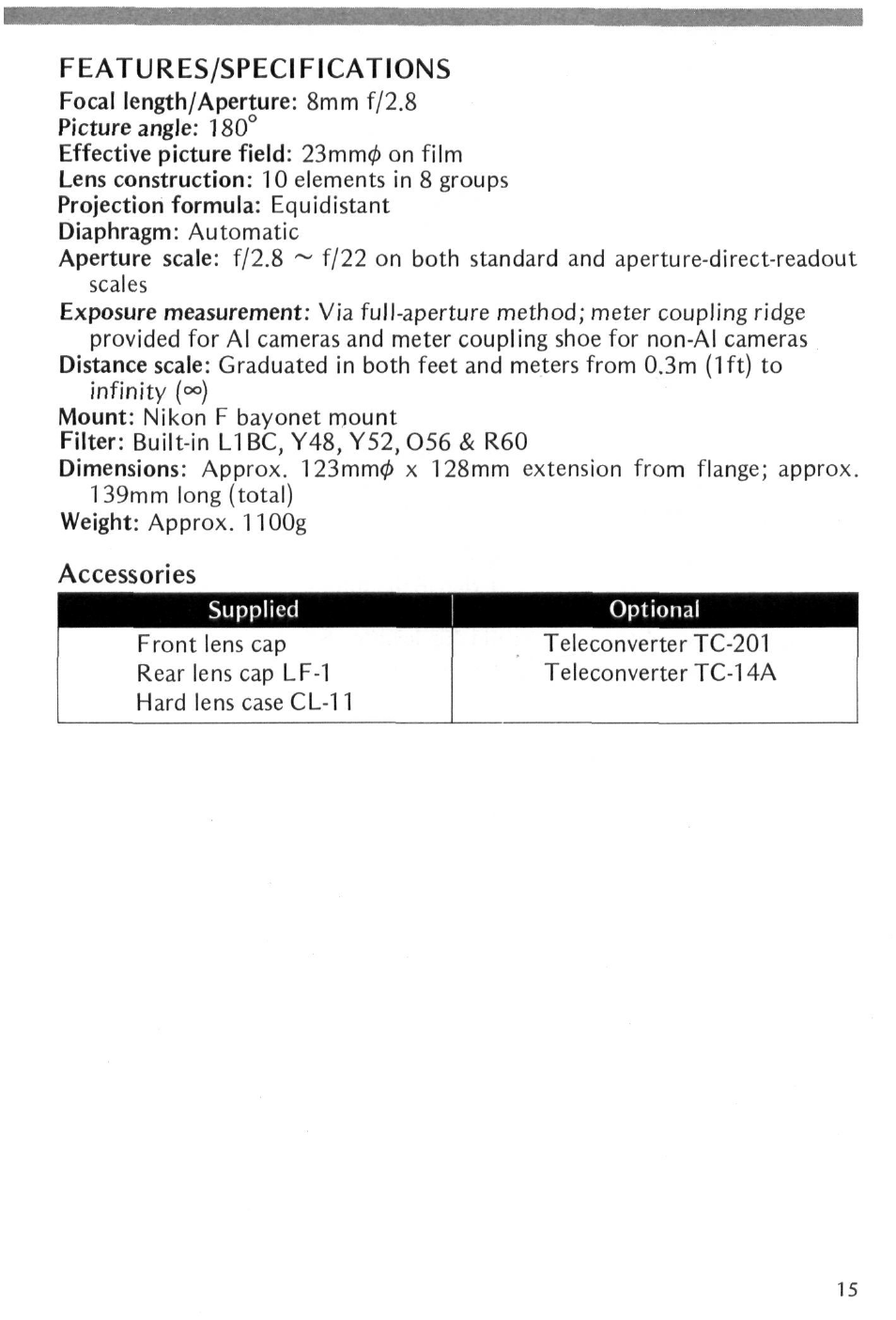 Accessories, Features/specifications | Nikon Fisheye-NIKKOR 8mm f-2.8 User Manual | Page 15 / 36