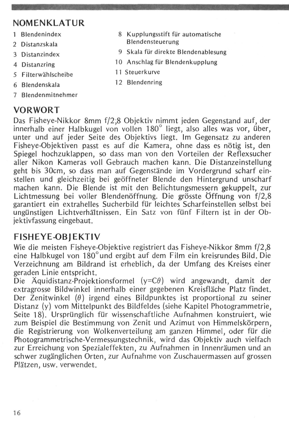 Nomenklatur, Vorwort, Fisheye-objektiv | Nikon Fisheye-NIKKOR 8mm f-2.8 User Manual | Page 16 / 36