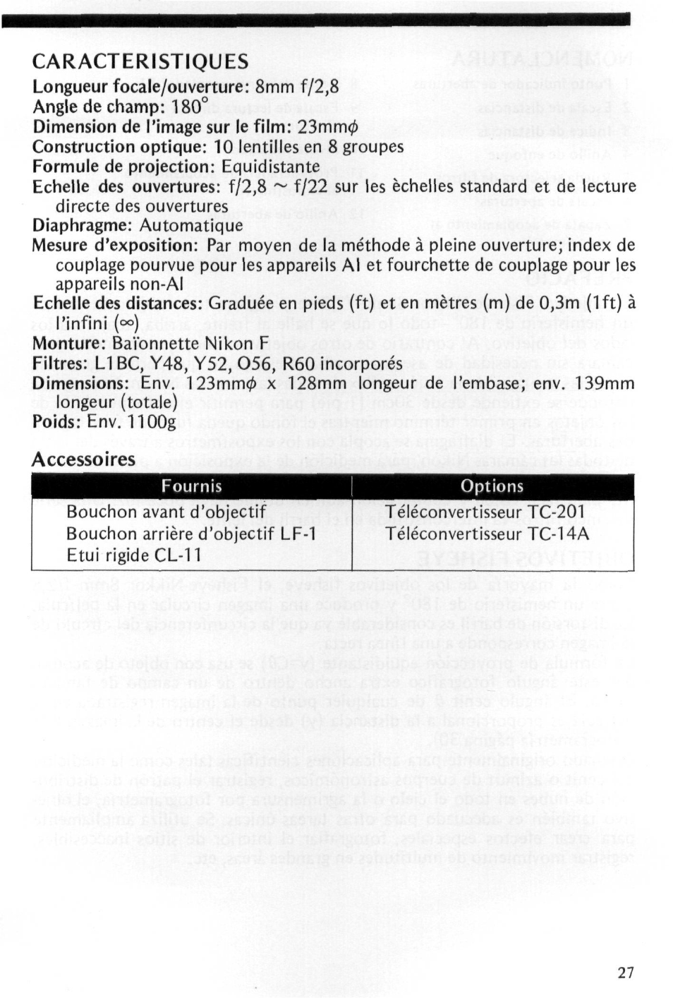Accessoires, Caracteristiques | Nikon Fisheye-NIKKOR 8mm f-2.8 User Manual | Page 27 / 36