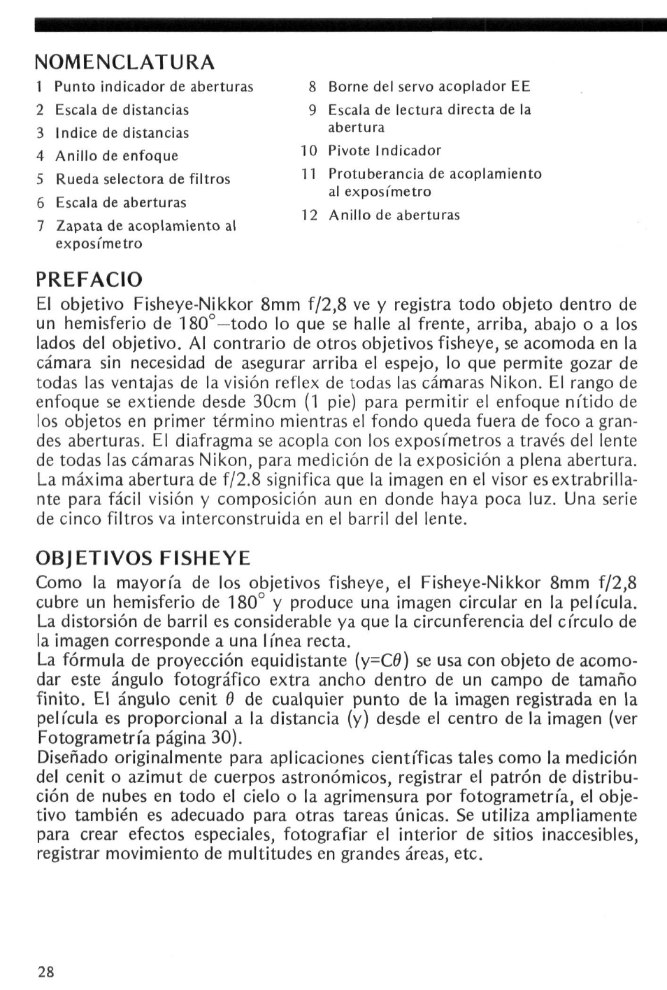 Prefacio, Objetivos fisheye, Nomenclatura 1 | Nikon Fisheye-NIKKOR 8mm f-2.8 User Manual | Page 28 / 36