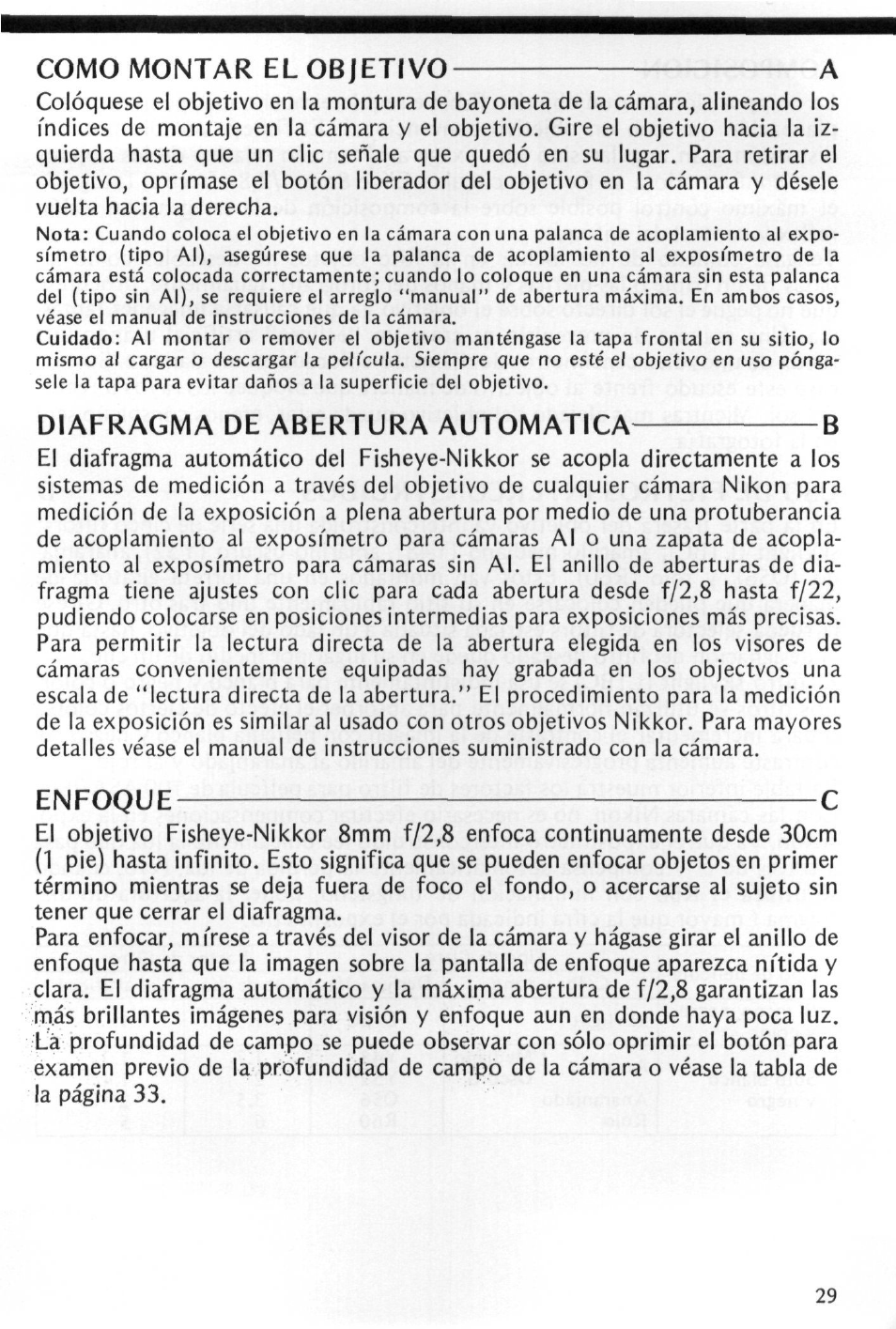 Como montar el objetivo a, Diafragma de abertura automatica, Enfoque c | Diafragma de abertura automatica- b | Nikon Fisheye-NIKKOR 8mm f-2.8 User Manual | Page 29 / 36