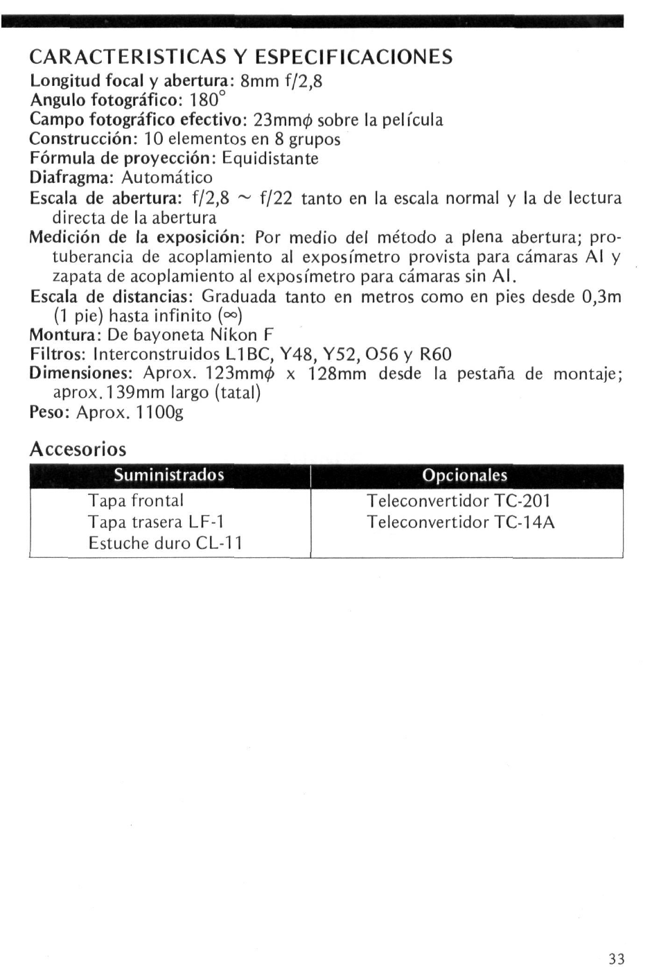 Accesorios, Caracteristicas y especificaciones | Nikon Fisheye-NIKKOR 8mm f-2.8 User Manual | Page 33 / 36