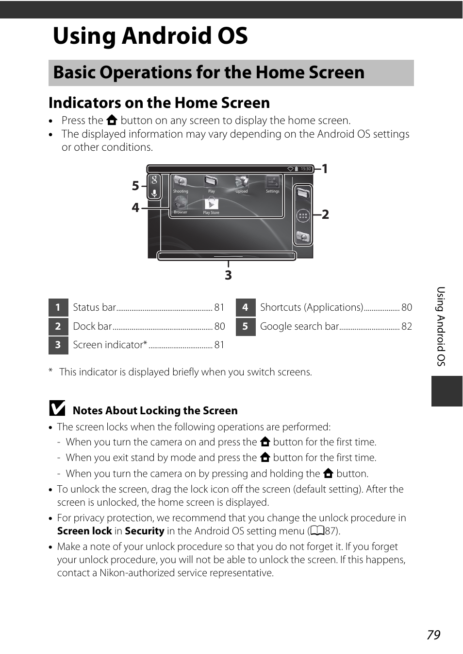 Using android os, Basic operations for the home screen, Indicators on the home screen | Nikon S810c User Manual | Page 105 / 228