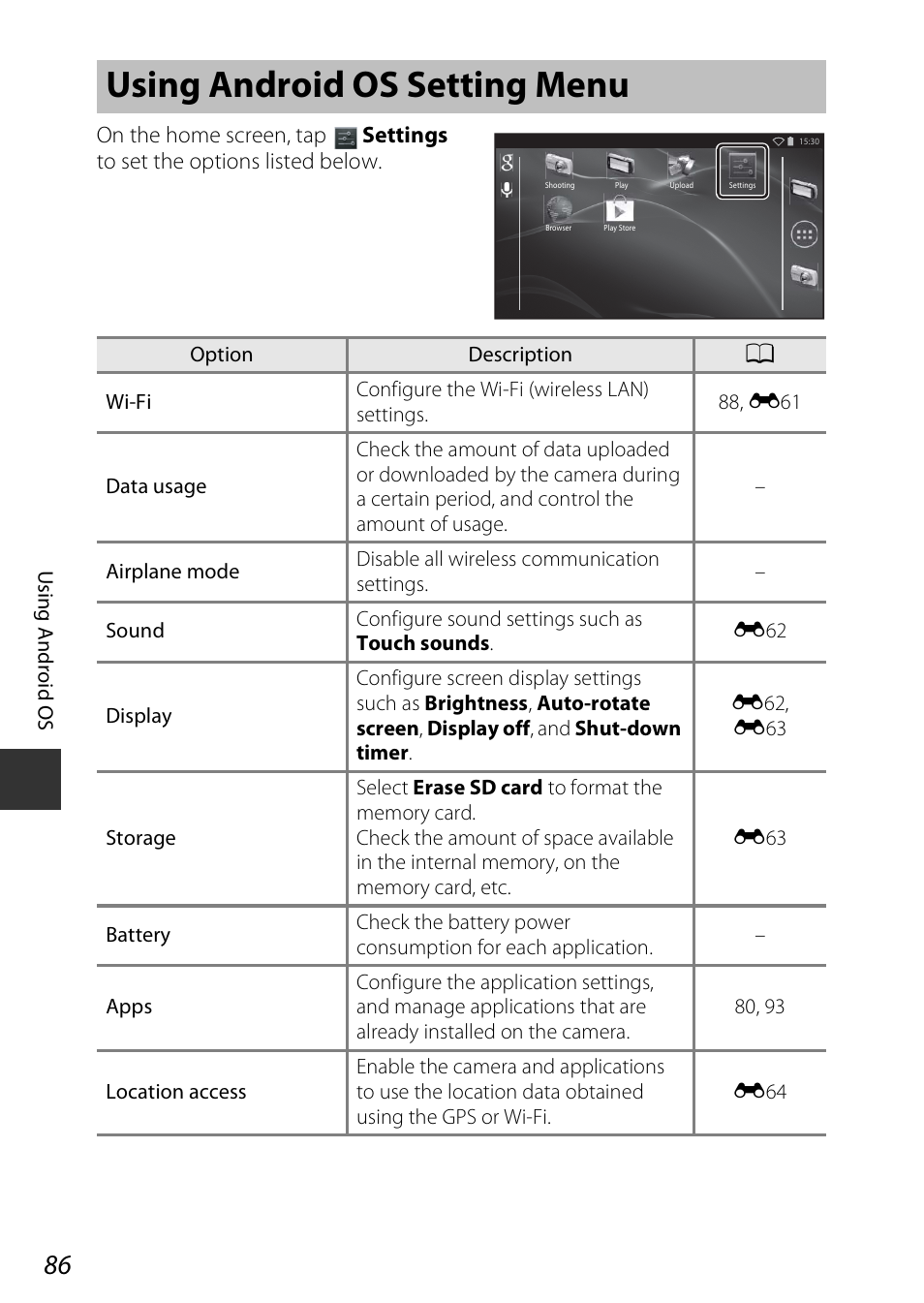 Using android os setting menu, A86), See “location access” (a86) | Nikon S810c User Manual | Page 112 / 228