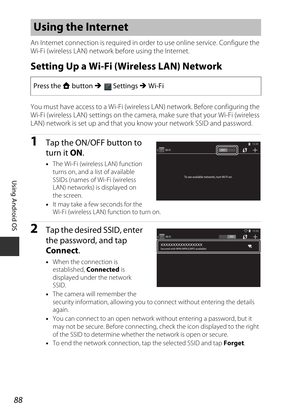 Using the internet, Setting up a wi-fi (wireless lan) network, A88) | Tap the on/off button to turn it on | Nikon S810c User Manual | Page 114 / 228