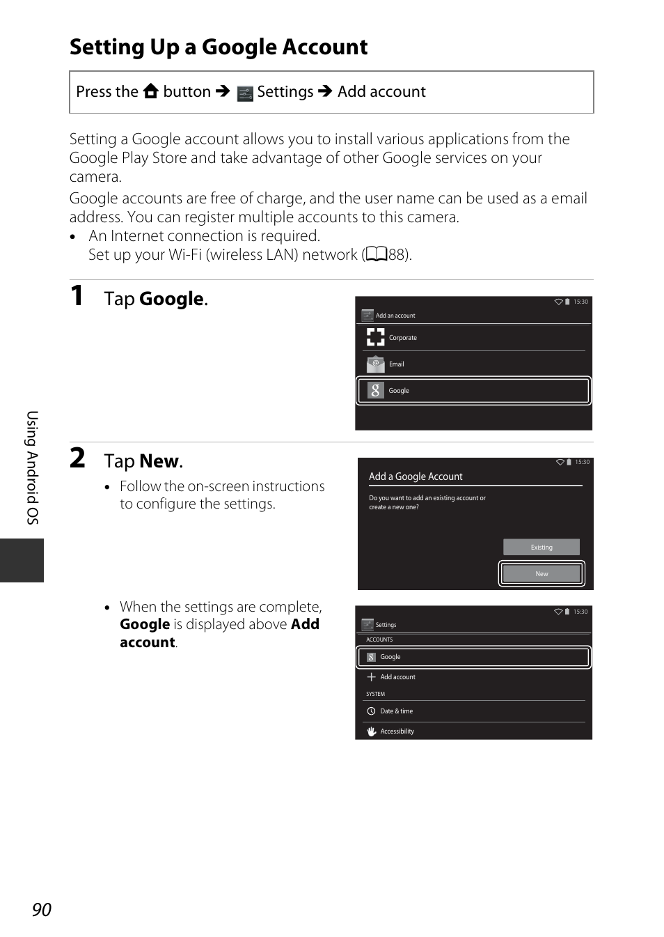 Setting up a google account, See “setting up a google account” (a90) fo, Tap google | Tap new, Press the w button m settings m add account | Nikon S810c User Manual | Page 116 / 228