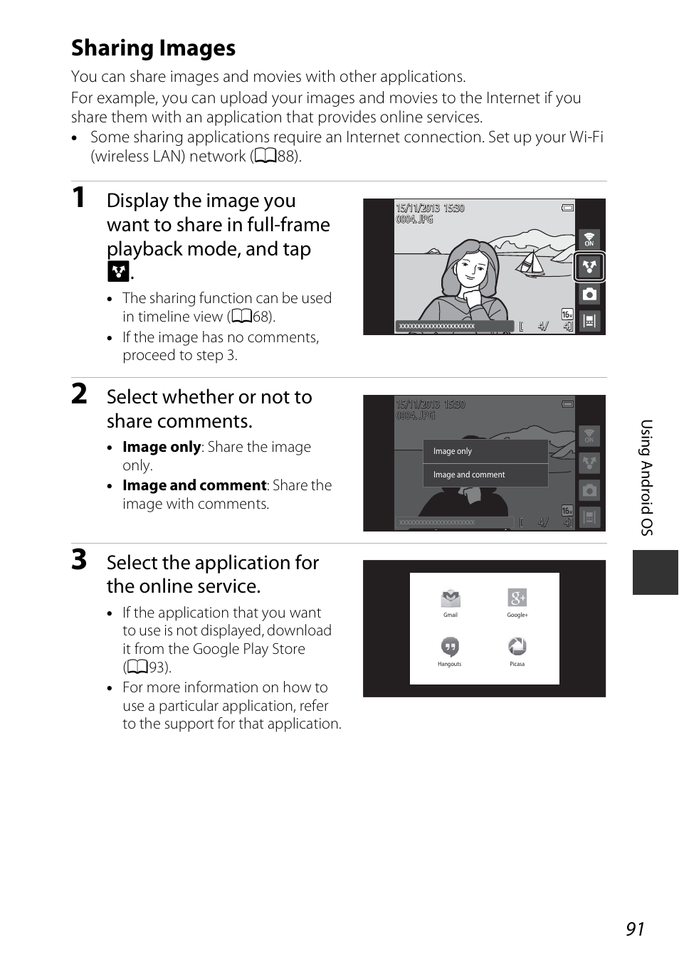 Sharing images, A91), Select whether or not to share comments | Select the application for the online service | Nikon S810c User Manual | Page 117 / 228