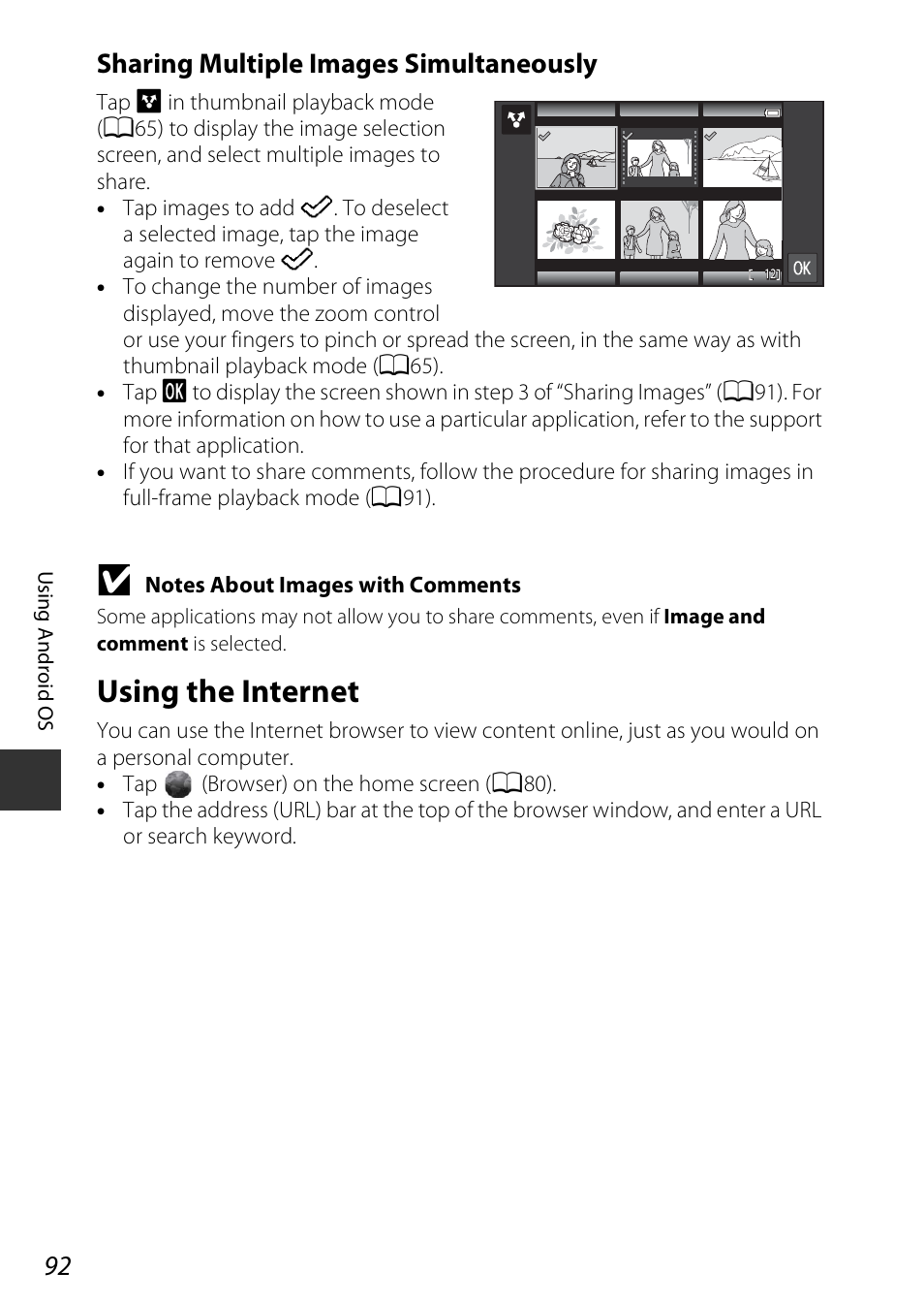 Using the internet, A92), Sharing multiple images simultaneously | Nikon S810c User Manual | Page 118 / 228