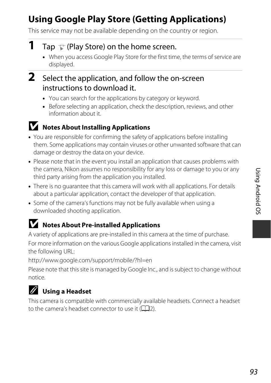 Using google play store (getting applications), A93), Tap (play store) on the home screen | Nikon S810c User Manual | Page 119 / 228