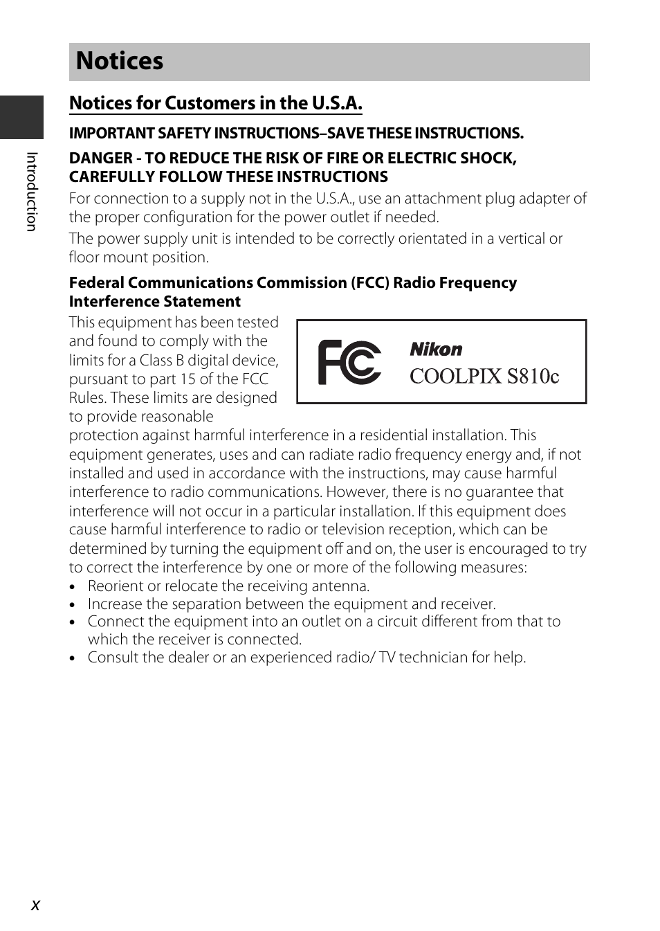 Notices, Notices for customers in the u.s.a | Nikon S810c User Manual | Page 12 / 228
