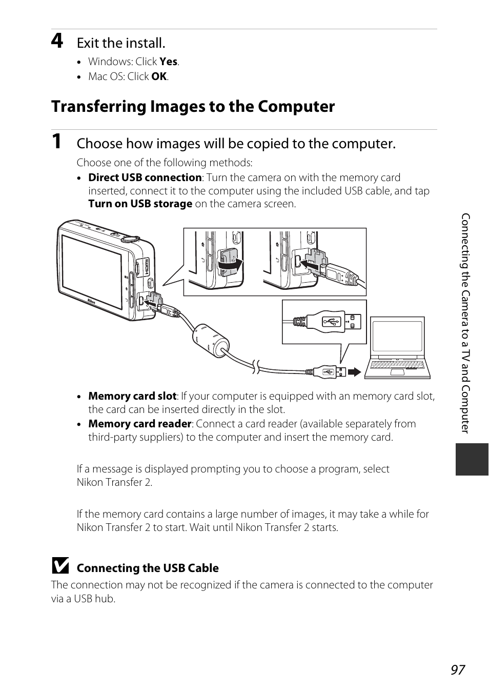 Transferring images to the computer, A97), Exit the install | Choose how images will be copied to the computer | Nikon S810c User Manual | Page 123 / 228