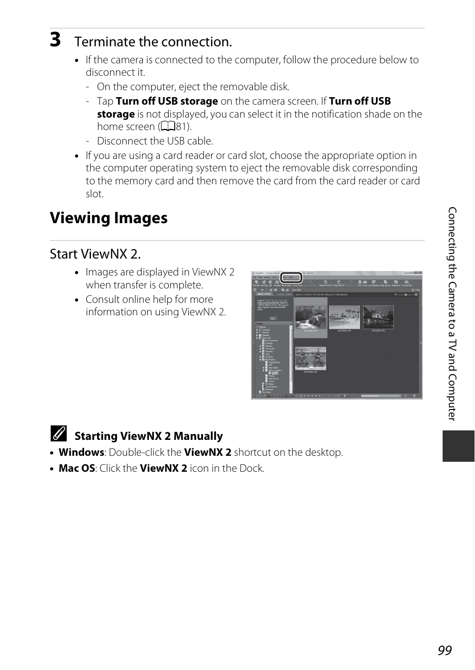 Viewing images, Terminate the connection, Start viewnx 2 | Nikon S810c User Manual | Page 125 / 228