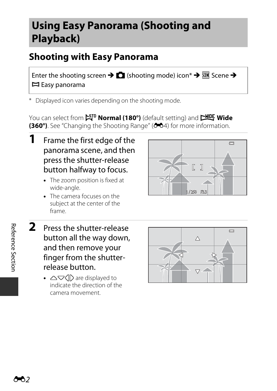 Using easy panorama (shooting and playback), Shooting with easy panorama | Nikon S810c User Manual | Page 128 / 228