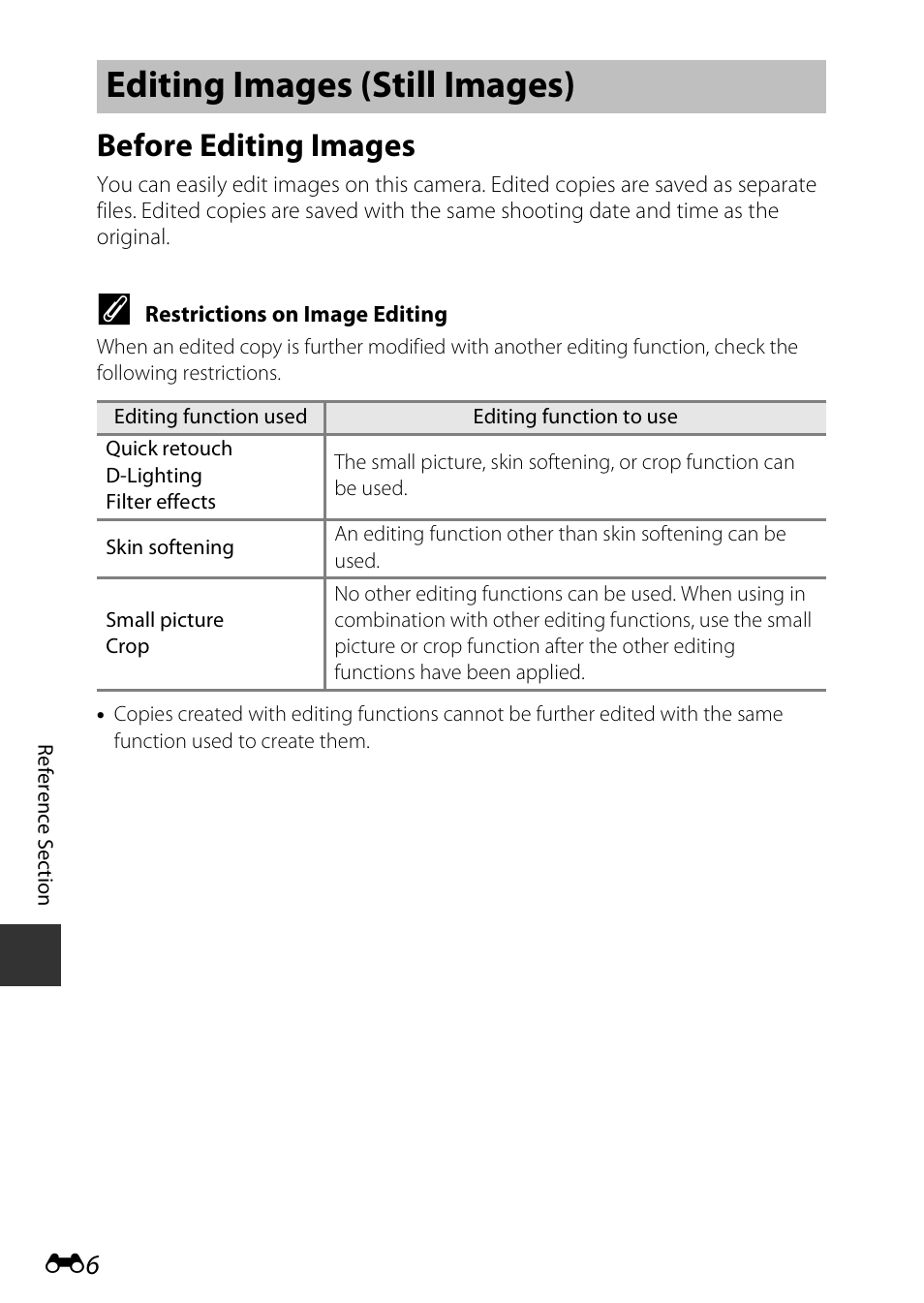 Editing images (still images), Before editing images | Nikon S810c User Manual | Page 132 / 228