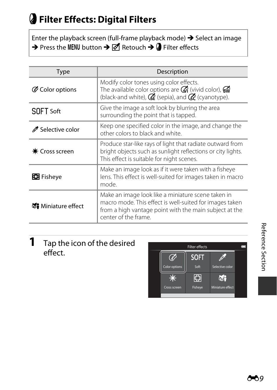 Filter effects: digital filters, I filter effects: digital filters, Tap the icon of the desired effect | Nikon S810c User Manual | Page 135 / 228