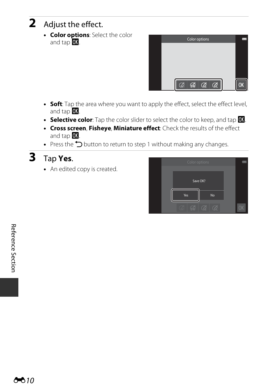 Adjust the effect, Tap yes | Nikon S810c User Manual | Page 136 / 228
