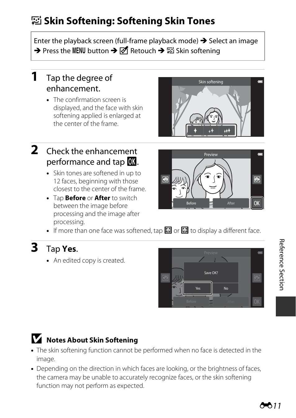 Skin softening: softening skin tones, E skin softening: softening skin tones, Tap the degree of enhancement | Check the enhancement performance and tap i, Tap yes | Nikon S810c User Manual | Page 137 / 228