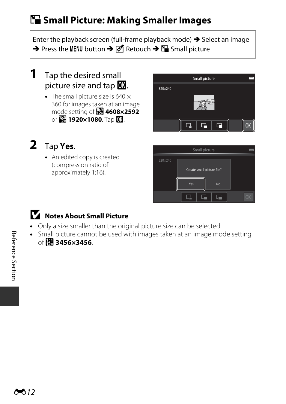 Small picture: making smaller images, G small picture: making smaller images, Tap the desired small picture size and tap i | Tap yes | Nikon S810c User Manual | Page 138 / 228