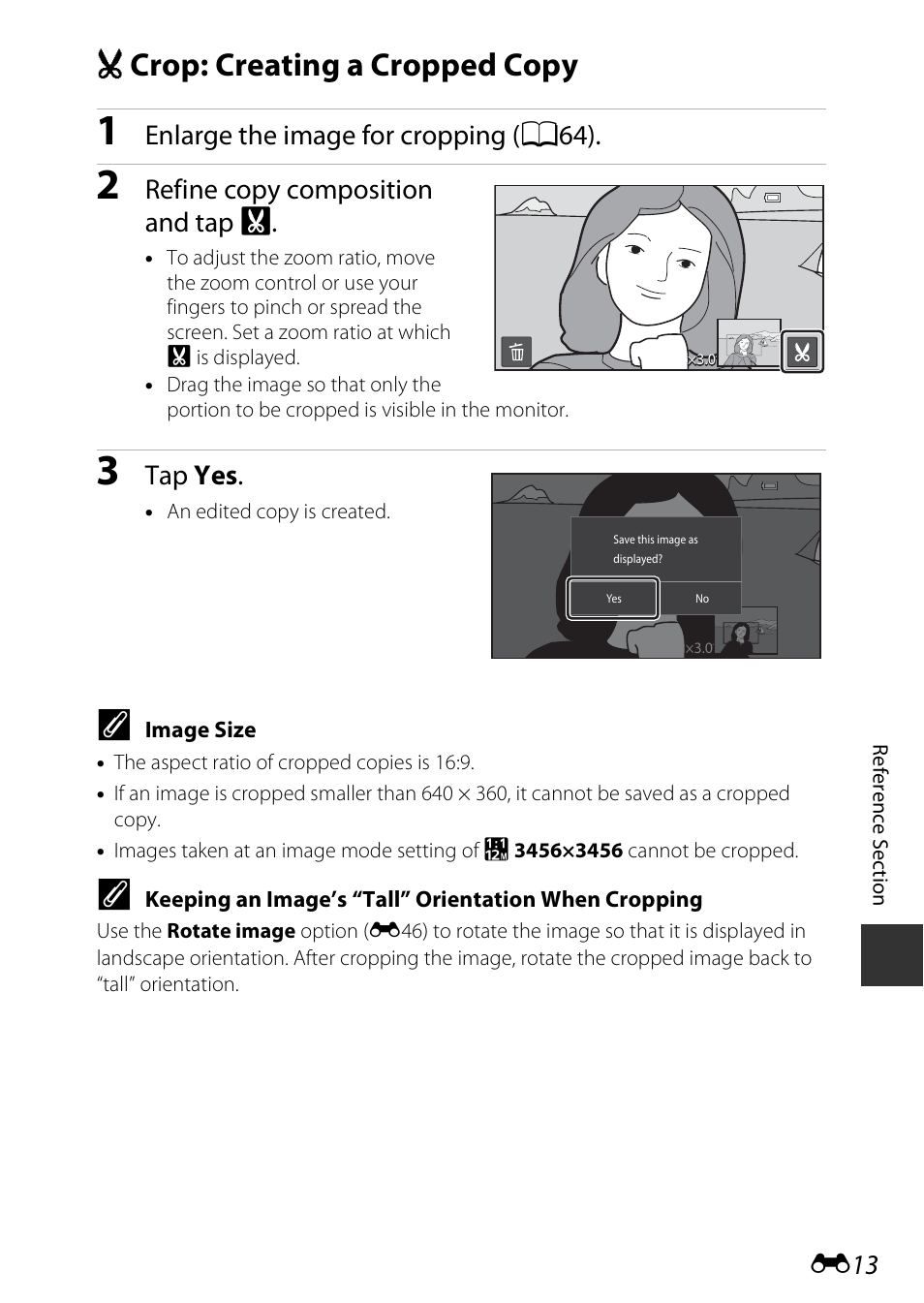 Crop: creating a cropped copy, O crop: creating a cropped copy, Enlarge the image for cropping ( a64 ) | Refine copy composition and tap g, Tap yes | Nikon S810c User Manual | Page 139 / 228