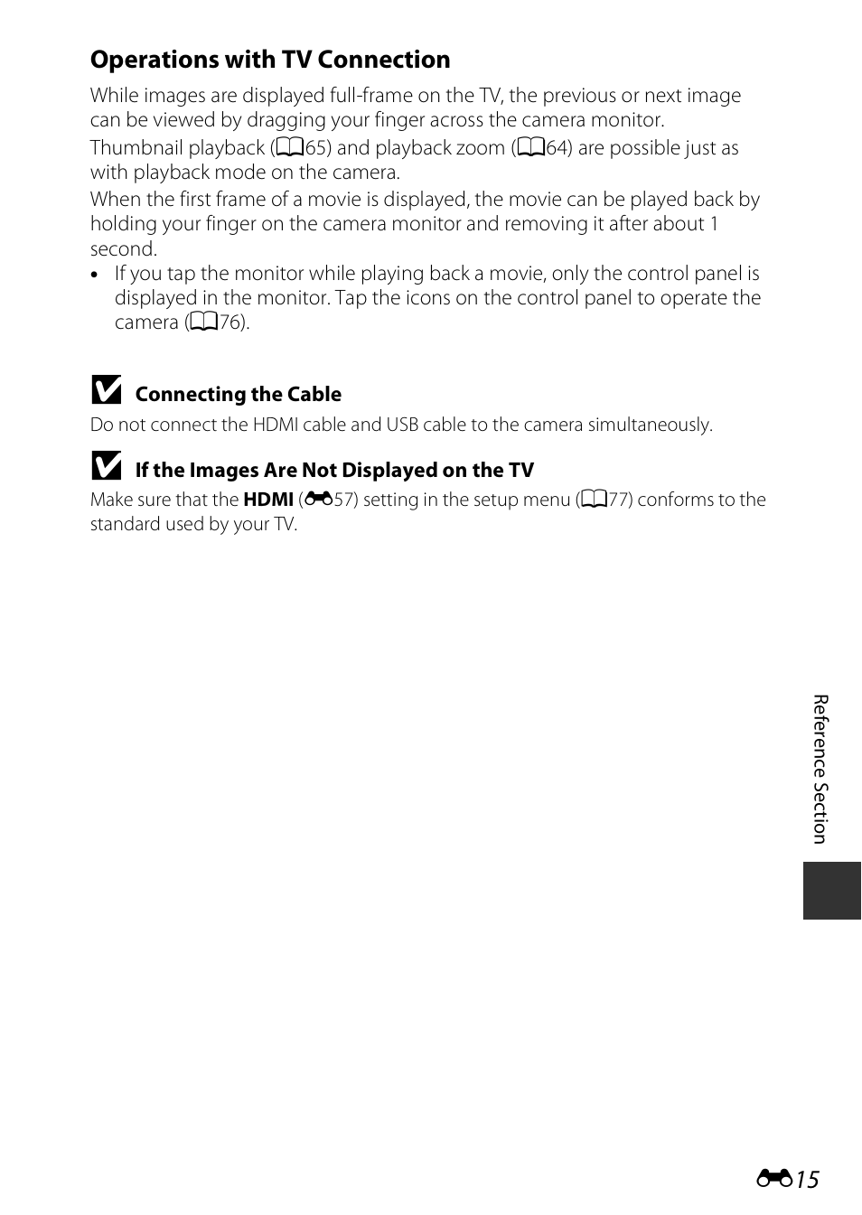 See “operations with tv connection, E15) for m, Operations with tv connection | Nikon S810c User Manual | Page 141 / 228