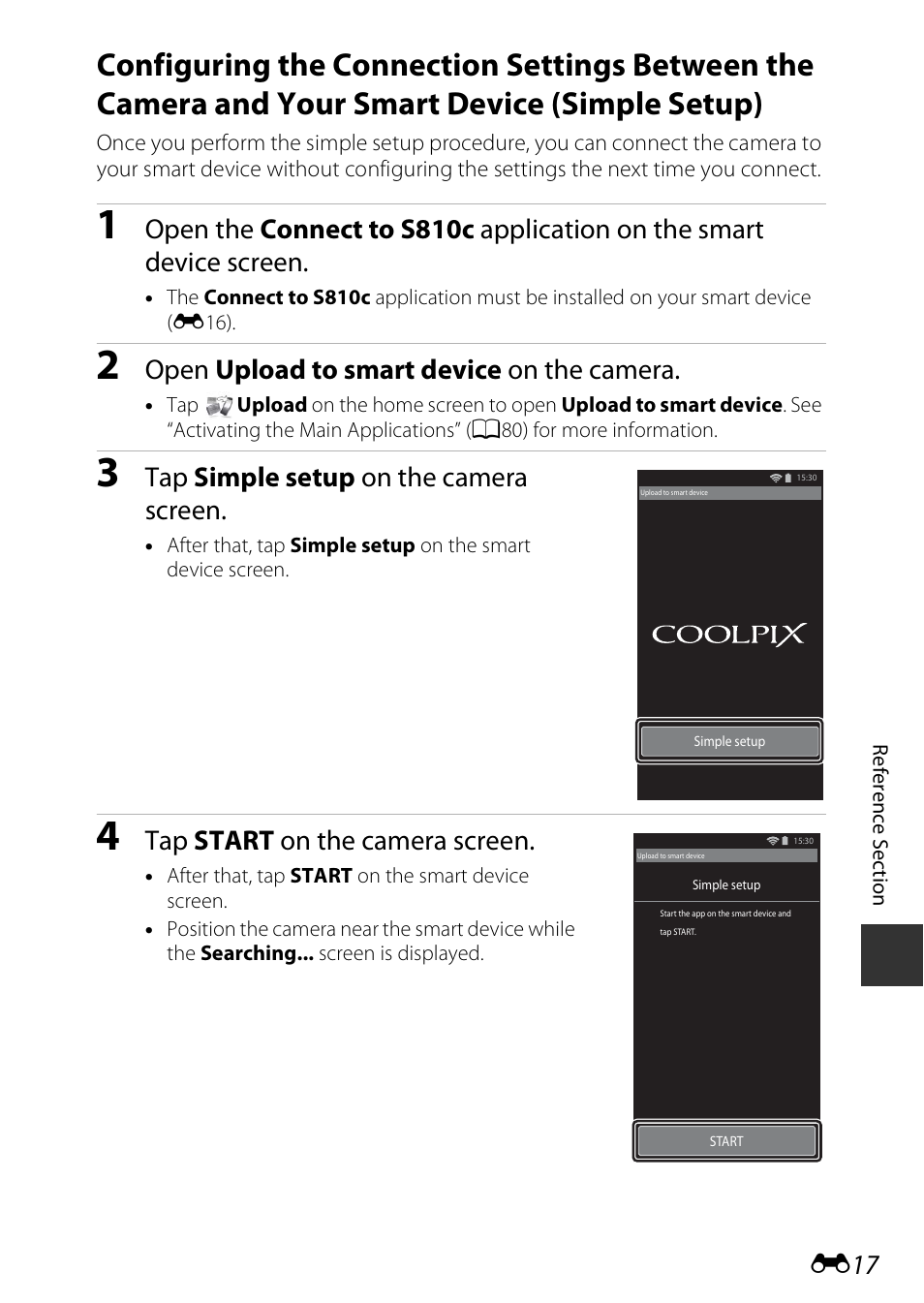 Open upload to smart device on the camera, Tap simple setup on the camera screen, Tap start on the camera screen | Nikon S810c User Manual | Page 143 / 228