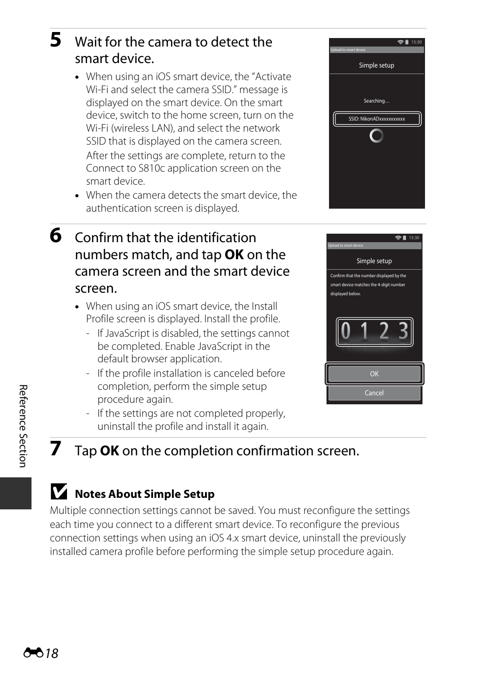 Wait for the camera to detect the smart device, Tap ok on the completion confirmation screen | Nikon S810c User Manual | Page 144 / 228