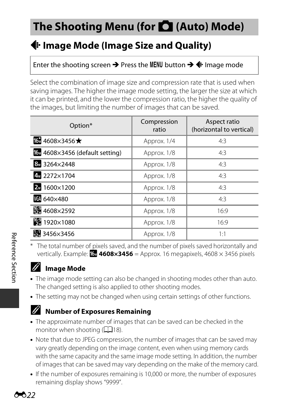 The shooting menu (for auto mode), Image mode (image size and quality), The shooting menu (for a (auto) mode) | A image mode (image size and quality) | Nikon S810c User Manual | Page 148 / 228