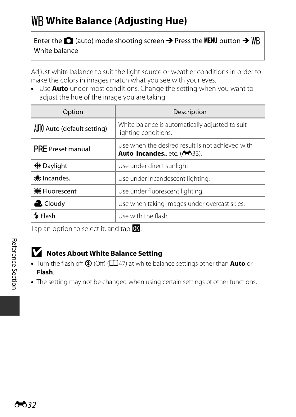 White balance (adjusting hue), W white balance (adjusting hue) | Nikon S810c User Manual | Page 158 / 228