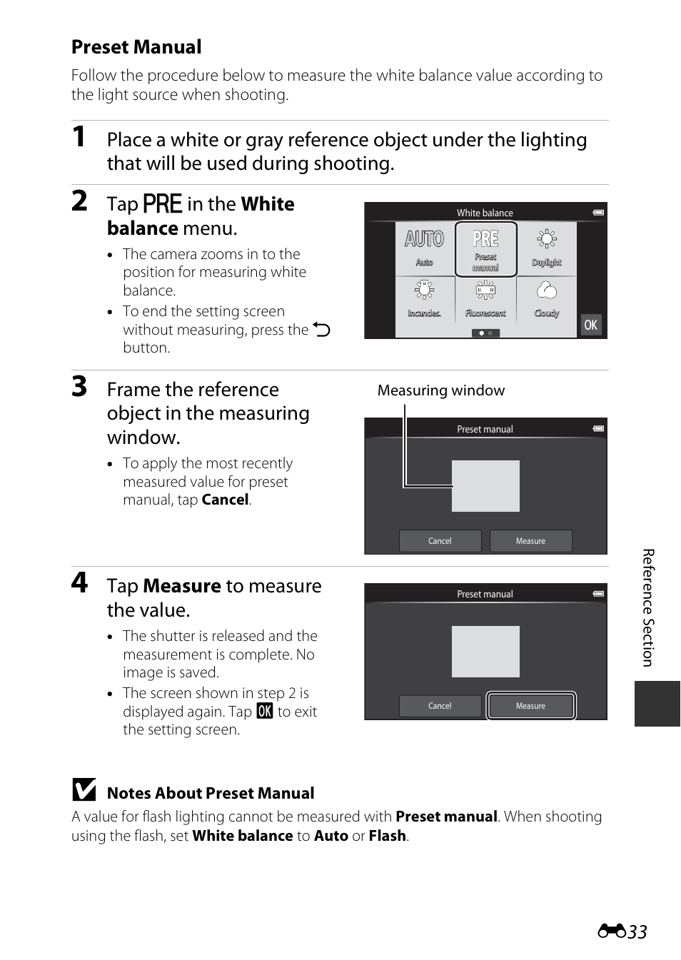 E33), Preset manual, Tap b in the white balance menu | Frame the reference object in the measuring window, Tap measure to measure the value | Nikon S810c User Manual | Page 159 / 228