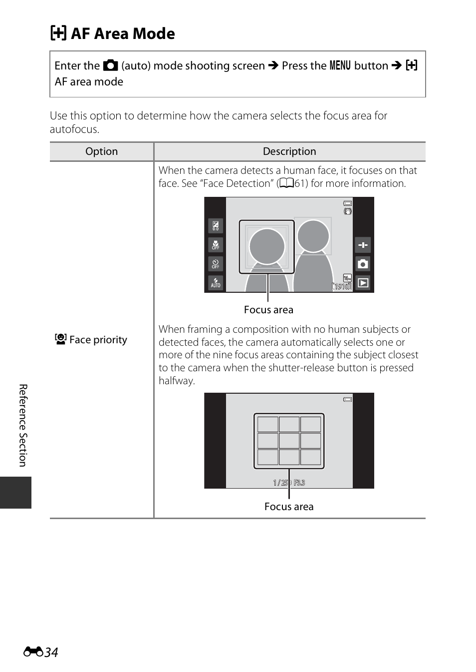 Af area mode, G af area mode | Nikon S810c User Manual | Page 160 / 228