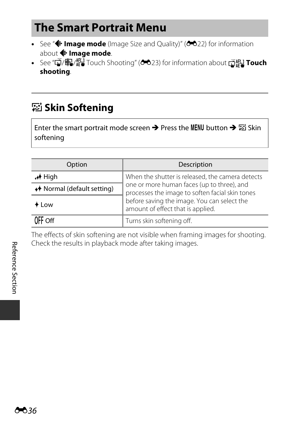 The smart portrait menu, Skin softening, E skin softening | Nikon S810c User Manual | Page 162 / 228