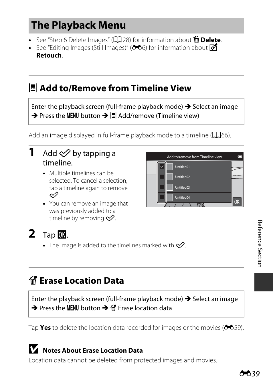 The playback menu, Add to/remove from timeline view, Erase location data | D add to/remove from timeline view, E erase location data, Add n by tapping a timeline, Tap i | Nikon S810c User Manual | Page 165 / 228