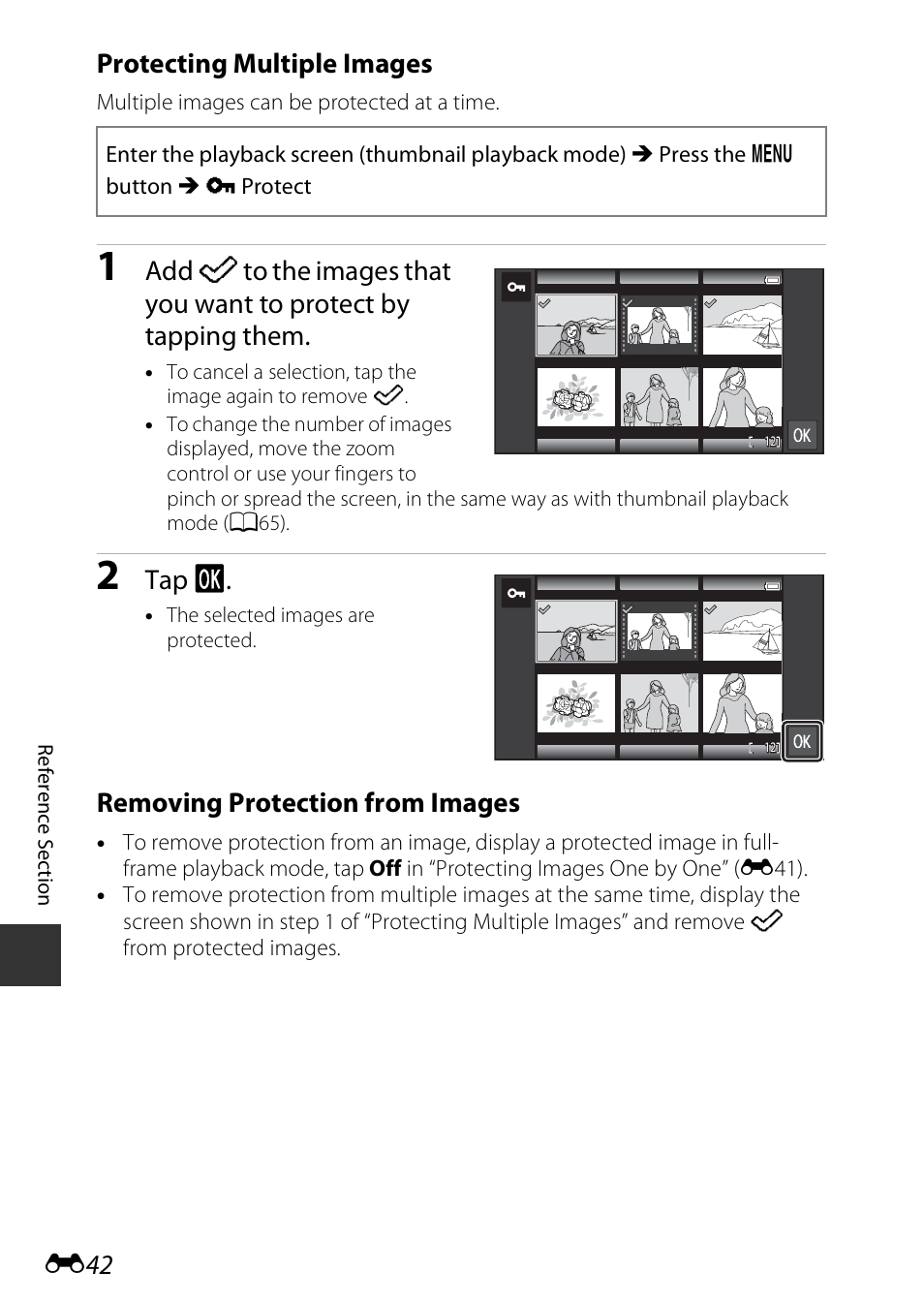 E42 protecting multiple images, Tap i, Removing protection from images | Nikon S810c User Manual | Page 168 / 228