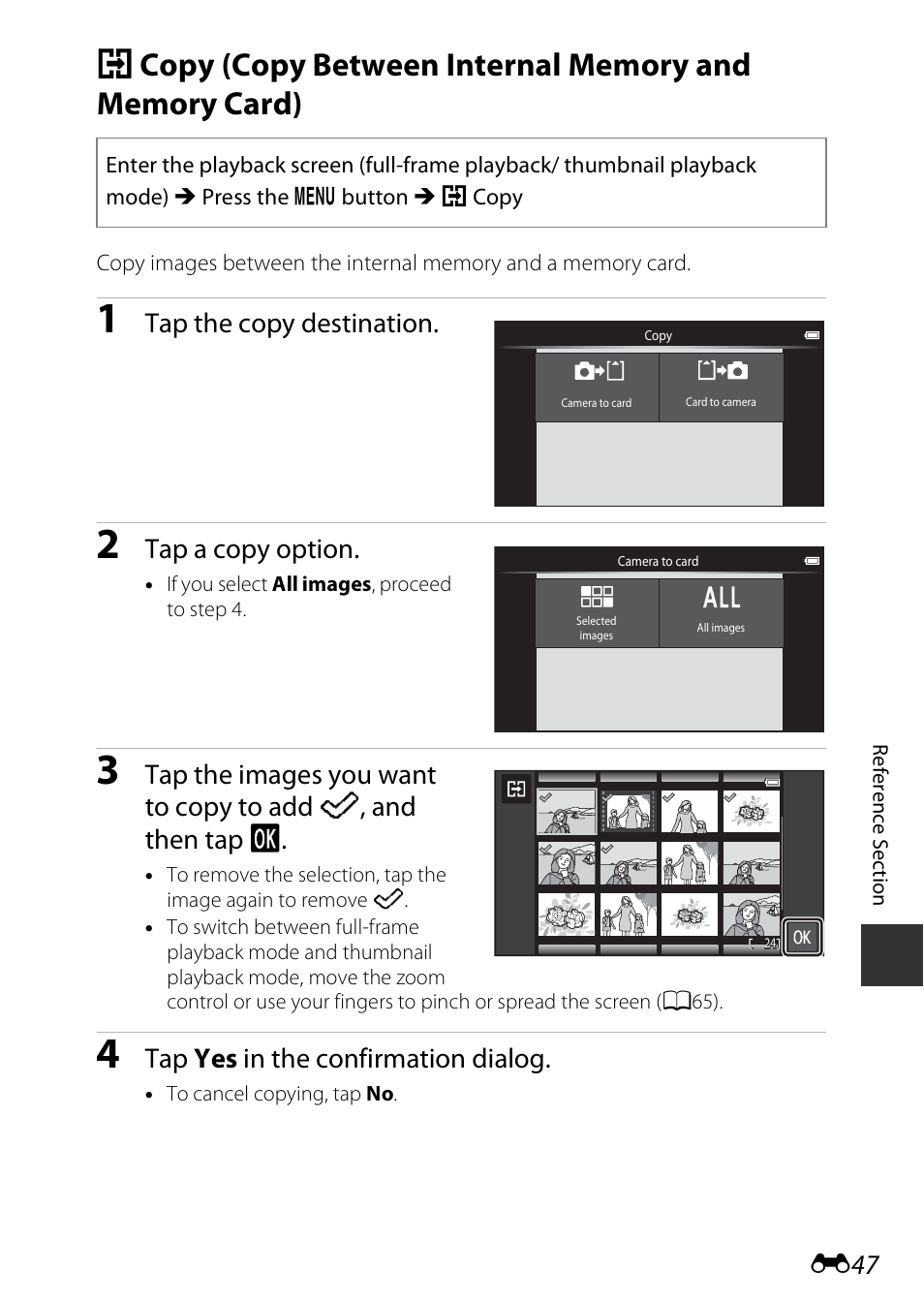 Tap the copy destination, Tap a copy option, Tap yes in the confirmation dialog | Nikon S810c User Manual | Page 173 / 228