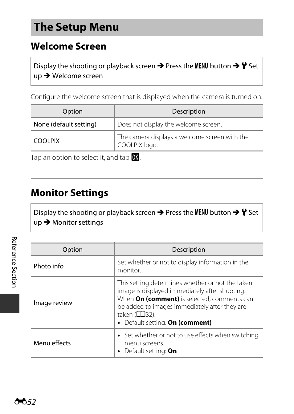 The setup menu, Welcome screen, Monitor settings | Nikon S810c User Manual | Page 178 / 228