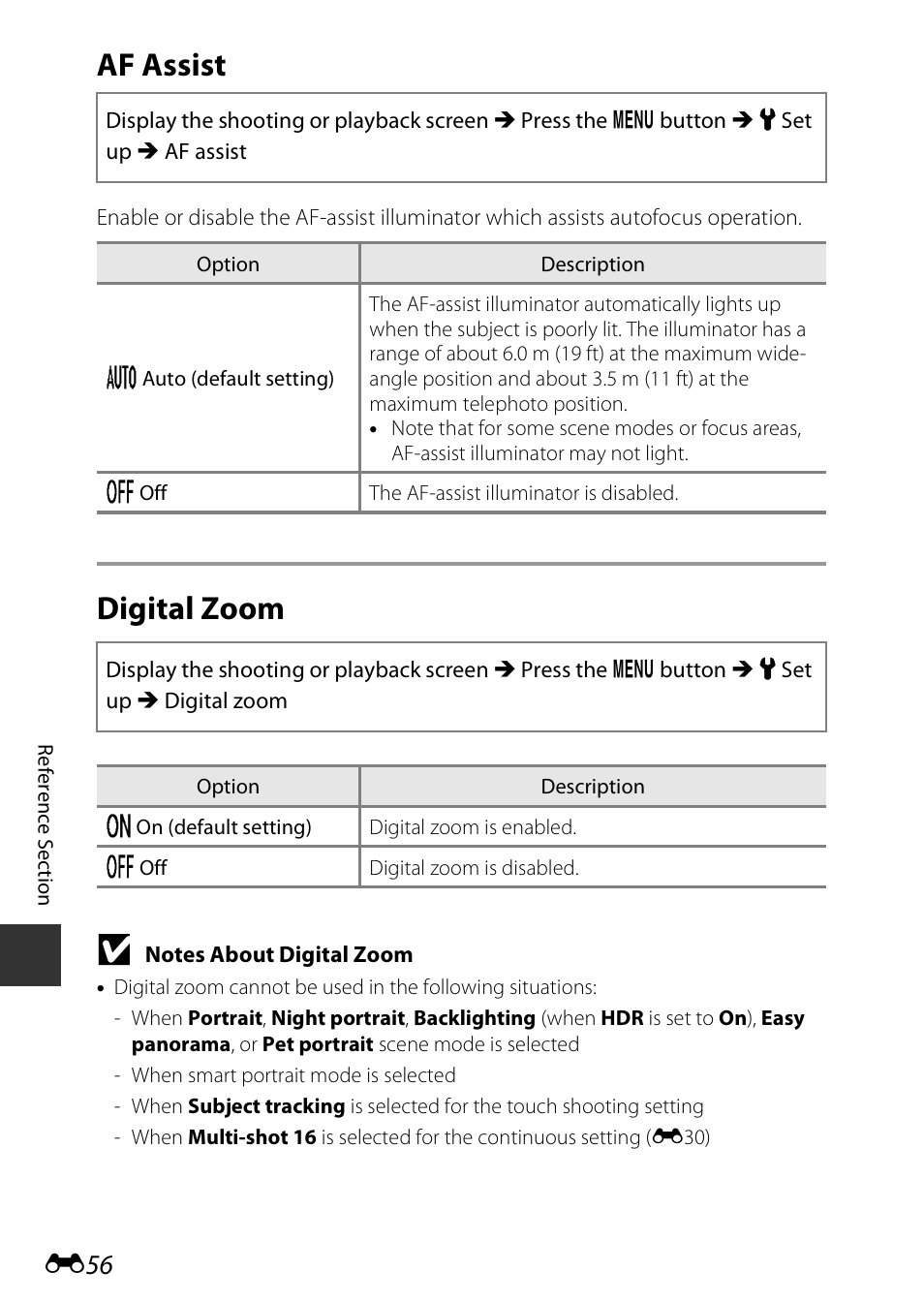 Af assist, Digital zoom, E56) | Nikon S810c User Manual | Page 182 / 228