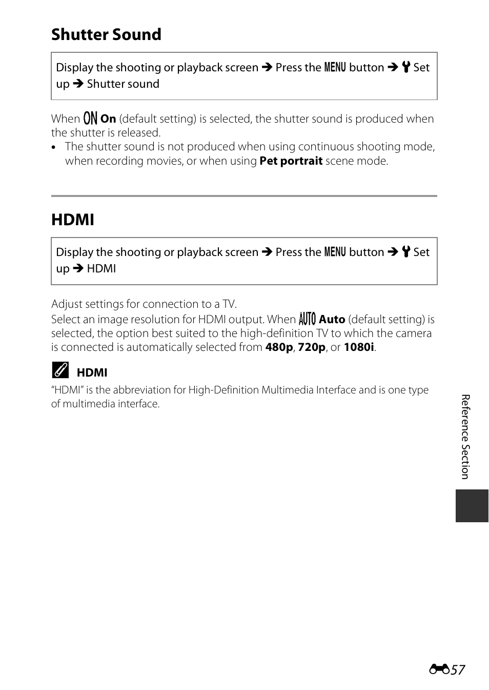 Shutter sound, Hdmi, E57) | Nikon S810c User Manual | Page 183 / 228