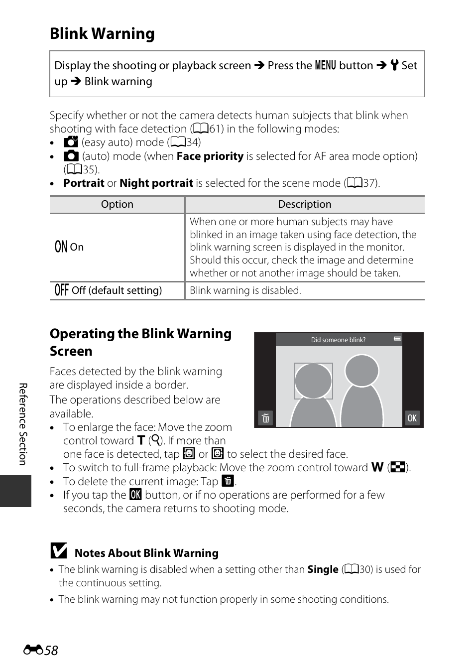 Blink warning, Operating the blink warning screen | Nikon S810c User Manual | Page 184 / 228