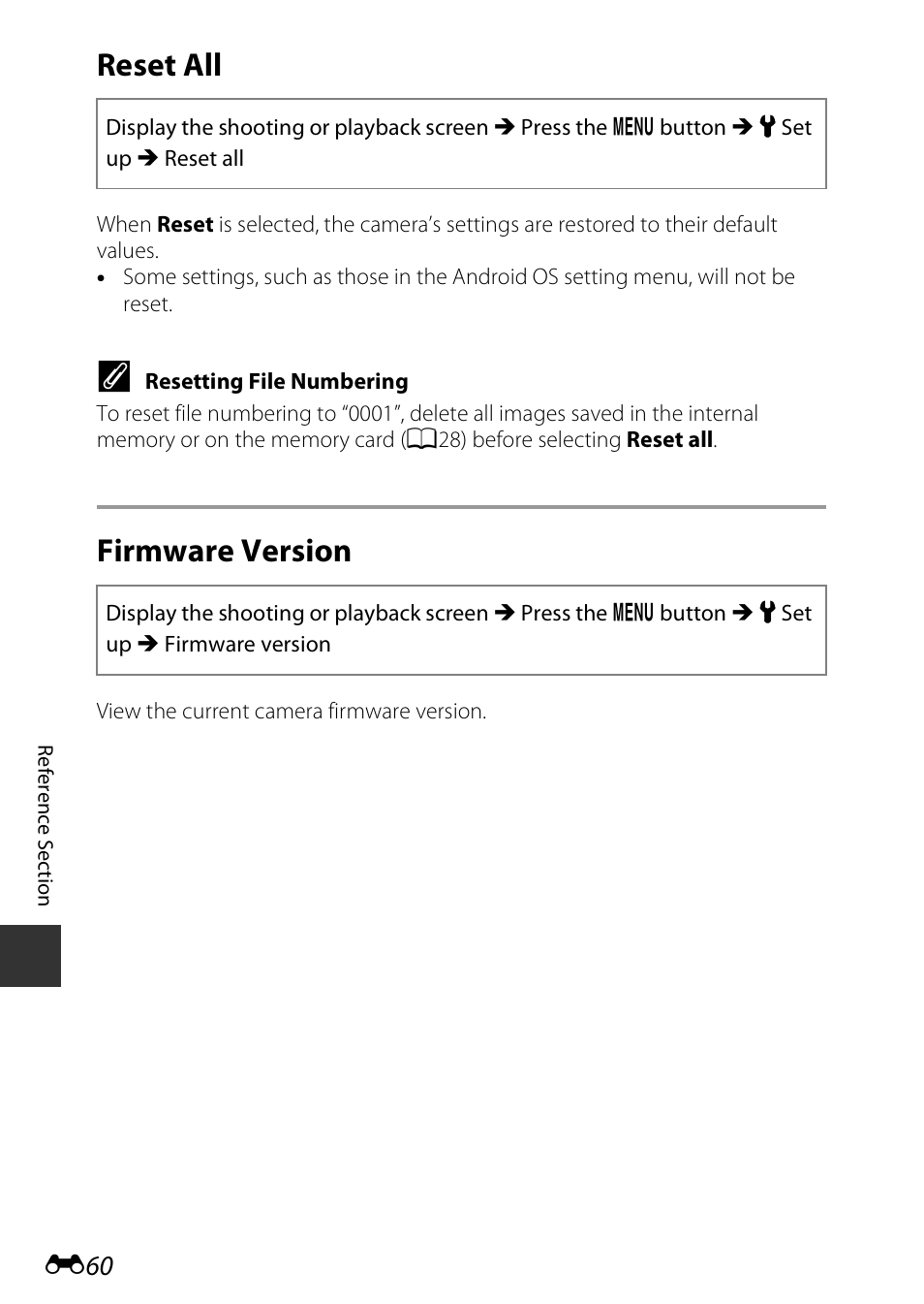 Reset all, Firmware version | Nikon S810c User Manual | Page 186 / 228