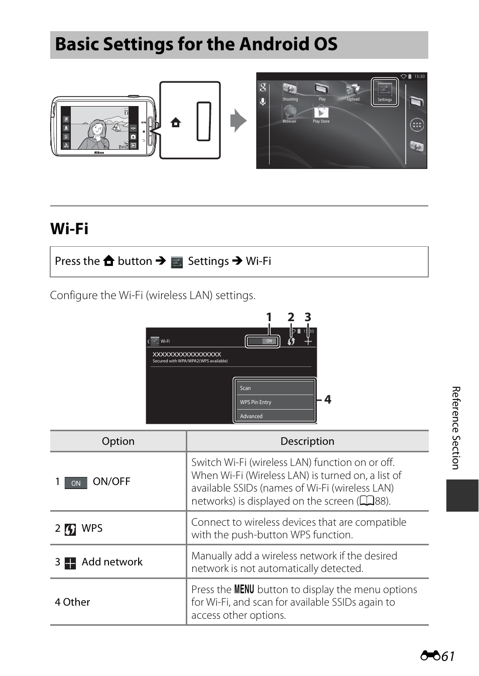 Basic settings for the android os, Wi-fi, Configure the wi-fi (wireless lan) settings | Press the w button m settings m wi-fi | Nikon S810c User Manual | Page 187 / 228