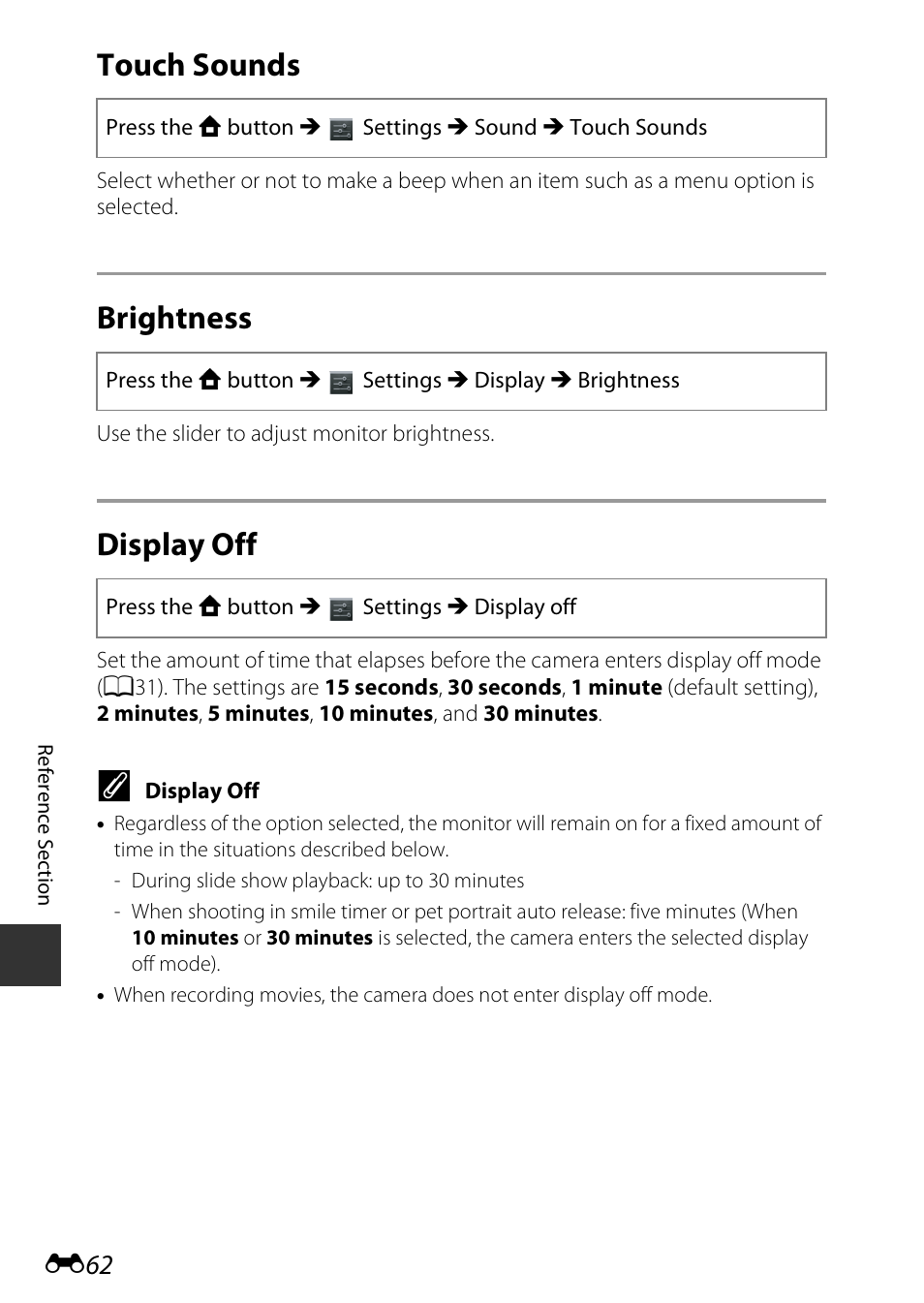 Touch sounds, Brightness, Display off | Nikon S810c User Manual | Page 188 / 228