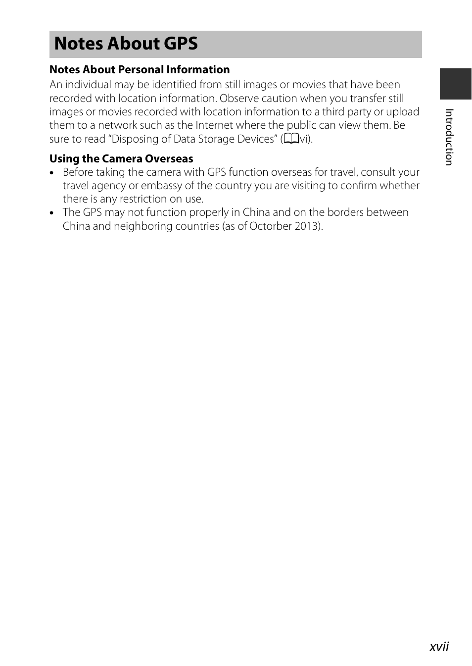 Notes about gps, Xvii | Nikon S810c User Manual | Page 19 / 228