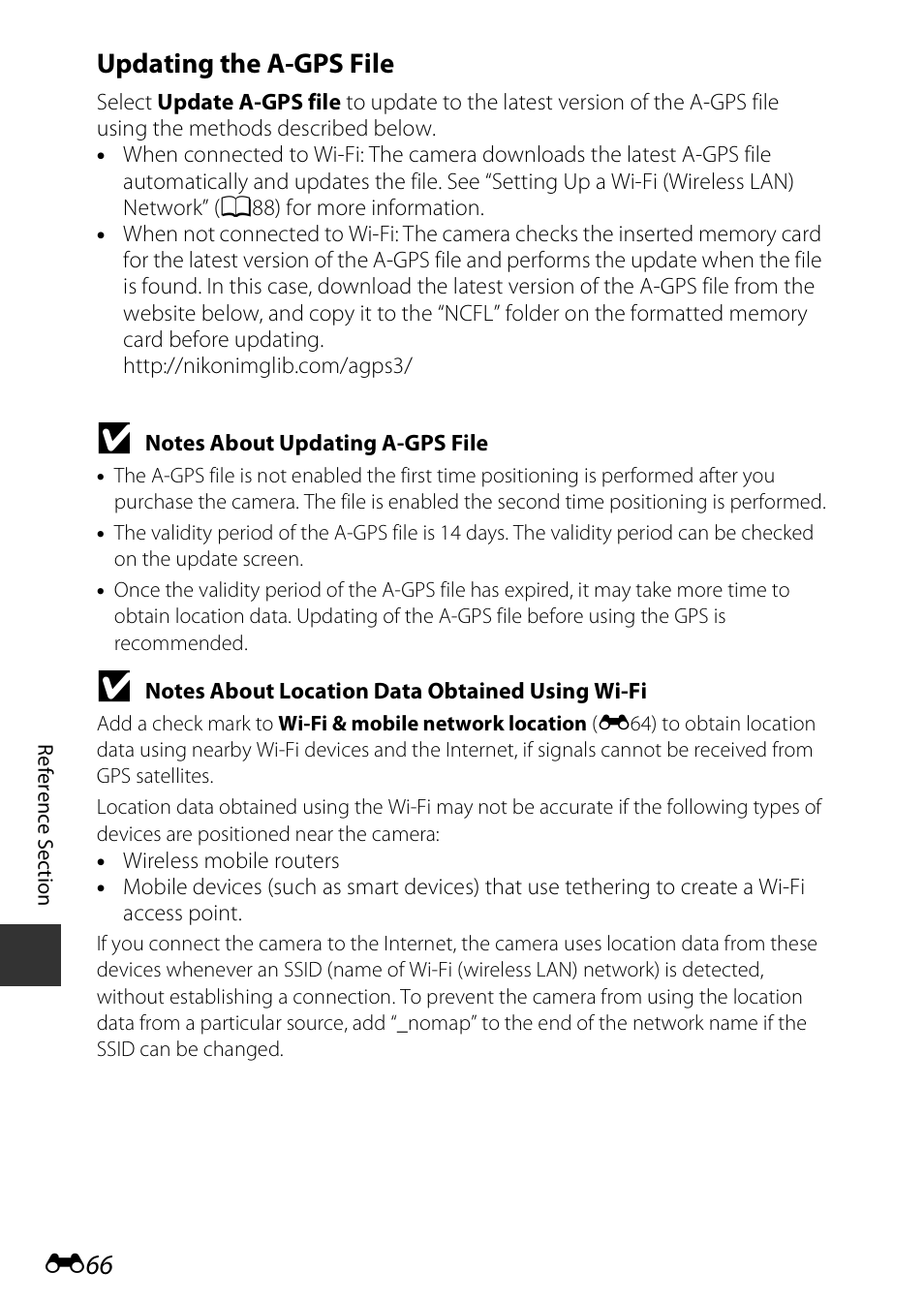 Updating the a-gps file, E66) for m, E66 updating the a-gps file | Nikon S810c User Manual | Page 192 / 228