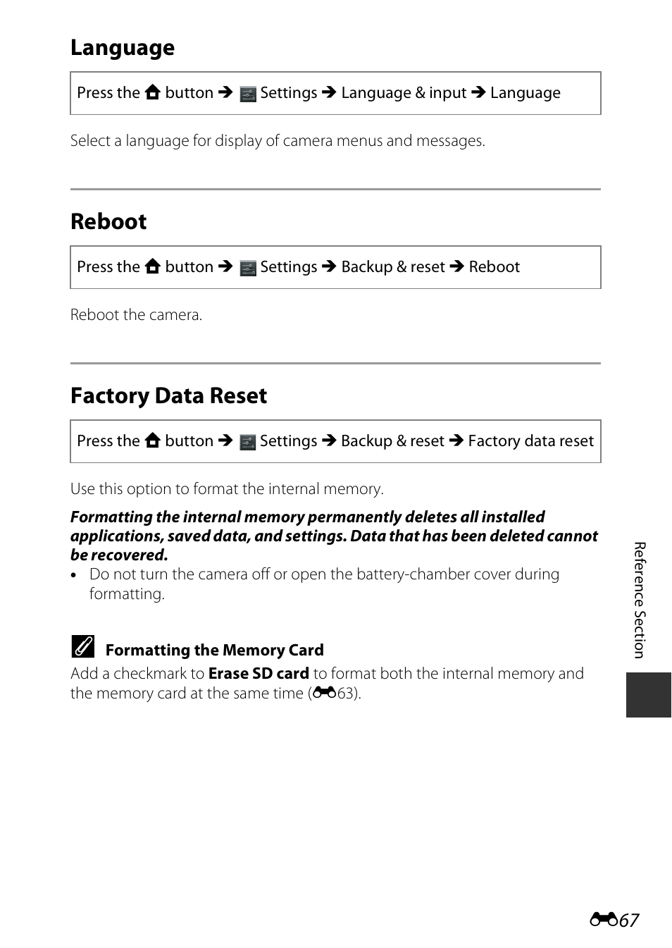 Language, Reboot, Factory data reset | Nikon S810c User Manual | Page 193 / 228